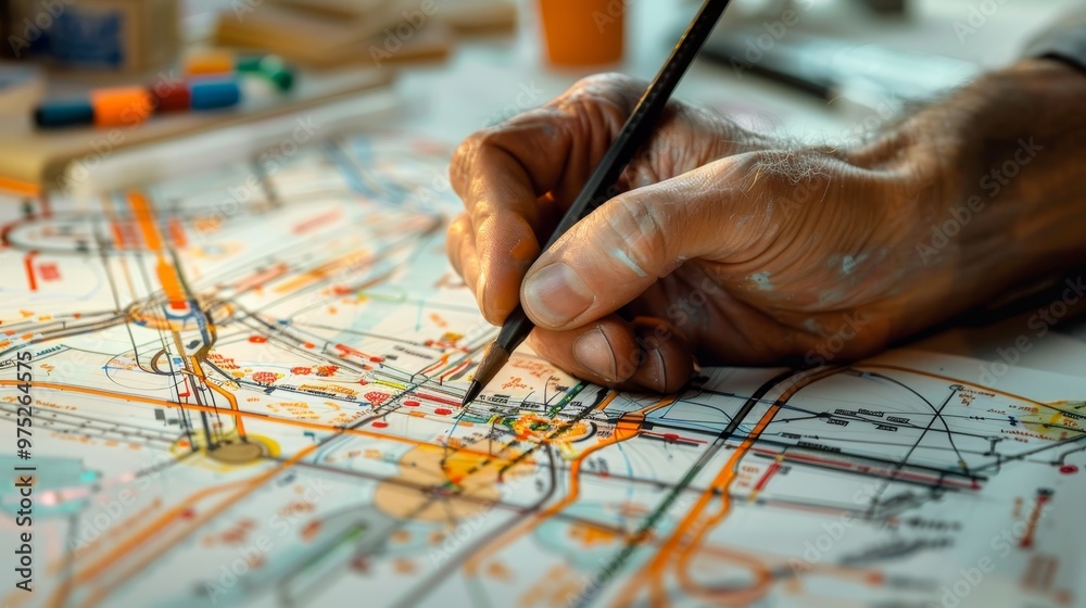 Planning the City Hand Tracing a Detailed Map with a Pencil, urban design, transportation, infrastructure