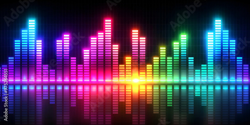 Vibrant high-tech background music visualization featuring neon glowing equalizer bars in a dark environment , neon, glowing