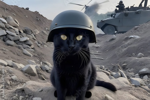 black cat in world war 3 wearing protection armor. survival for fittest. Generative AI