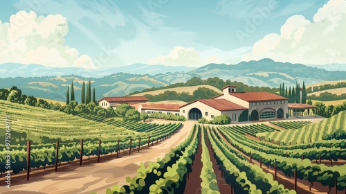 An illustrated overview of a winery with fields of grapevines and a production facility