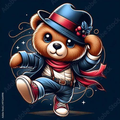 A cute and adorable bear in a fashionable style wearing a hat, in dynamic pose, expressive face, cartooon style, dark background photo