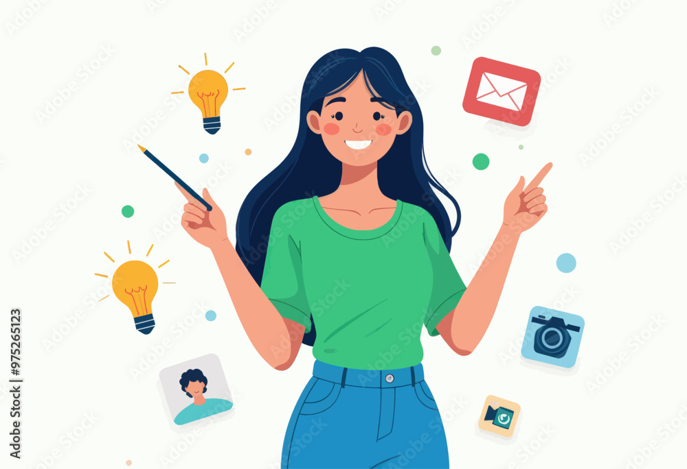 Inspired Creator: Illustration of a Smiling Woman with Ideas Floating Around Her Inspired Creator: Illustration of a Smiling Woman with Ideas Floating Around Her