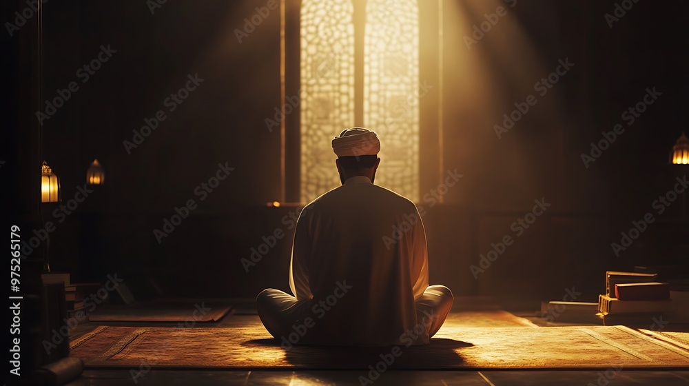 A Muslim man is praying in the mosque. He sits on his knees and prays facing upwards A Muslim man is praying in the mosque. He sits on his knees and prays facing upwards
