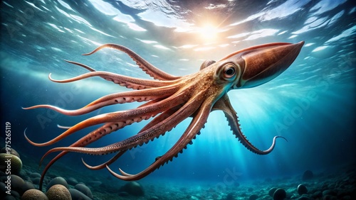 In the deep ocean, a giant squid swims with elegance, its massive size and intricate bioluminescent patterns a photo