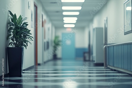 Hospital hallway, reception clinic. Unfocused background , ai