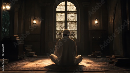  A Muslim man is praying in the mosque. He sits on his knees and prays facing upwards