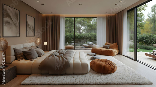 A modern bedroom with a king-size bed, a plush rug, and a view of a lush garden through large windows.