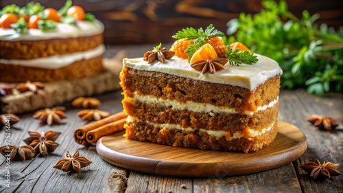 Luxuriant carrot cake with cream cheese frosting, infused with warm spices, masterfully crafted against a stunning 8K photo