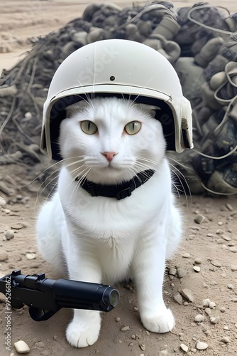 white cat in world war 3 wearing protection armor. survival for fittest. Generative AI