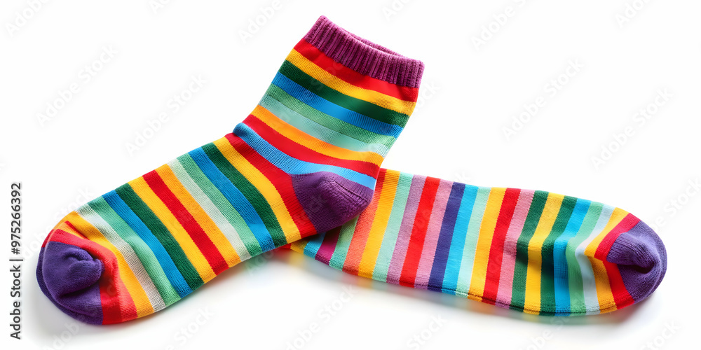 A pair of colorful striped socks on a white background, socks, pair, colorful, striped, pattern, fashion, accessories, clothing, cotton A pair of colorful striped socks on a white background, socks, pair, colorful, striped, pattern, fashion, accessories, clothing, cotton
