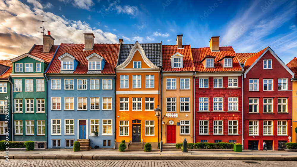 Fototapeta premium Historic row houses painted in shades of orange in Nyboder, Copenhagen, Denmark, Nyboder, Copenhagen, Denmark
