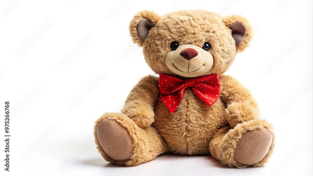 On a pure white canvas, a teddy bear beams with happiness as it wears a vibrant red bow