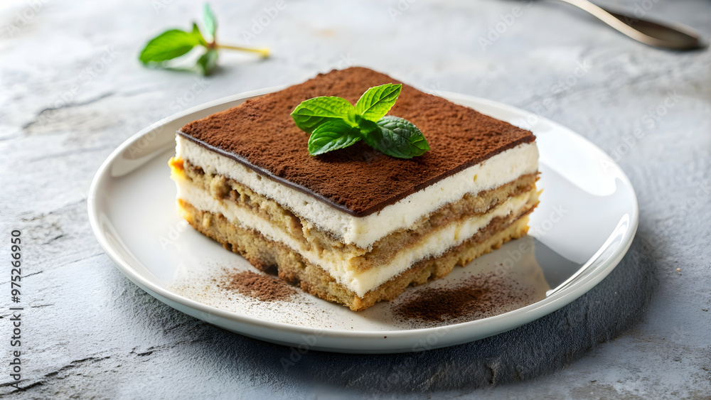 Delicious tiramisu dessert served on a white plate, tiramisu, dessert, Italian, sweet, coffee, creamy, indulgent Delicious tiramisu dessert served on a white plate, tiramisu, dessert, Italian, sweet, coffee, creamy, indulgent