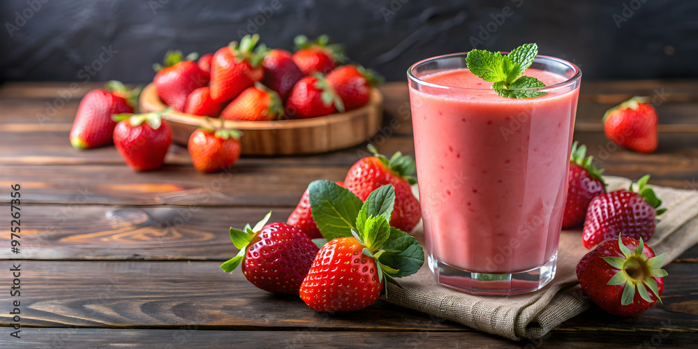 Refreshing strawberry smoothie in a glass with fresh berries on top , healthy, drink, beverage, fruit, strawberry, smoothie Refreshing strawberry smoothie in a glass with fresh berries on top , healthy, drink, beverage, fruit, strawberry, smoothie
