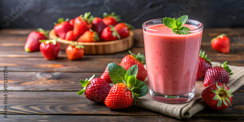 Refreshing strawberry smoothie in a glass with fresh berries on top , healthy, drink, beverage, fruit, strawberry, smoothie