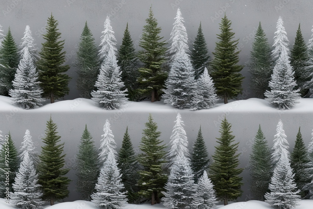 Fototapeta premium Winter Spruce and Frosty Fir Textures in Snowy Landscape on Grey Background