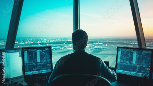 Air traffic controllers working in a control tower, panoramic view of the airport runways, bright daylight, screens and radar equipment in the foreground, focus on coordination and safety in aviation