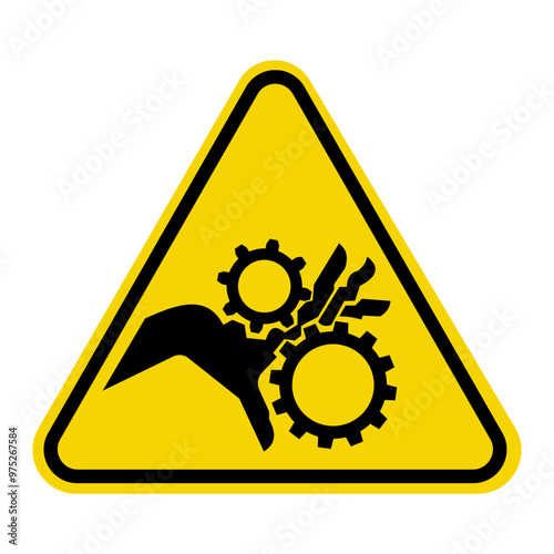 isolated watch out machine operation automatically, common hazards symbols on yellow round triangle board warning sign for icon, label, logo or package industry etc. flat style vector design.