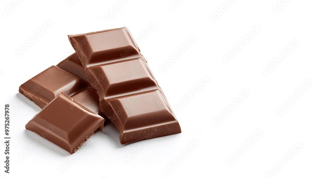 Dark or milk chocolate chunks. It is one of the most popular food types and flavors in the world, isolated on white background with copy space Dark or milk chocolate chunks. It is one of the most popular food types and flavors in the world, isolated on white background with copy space