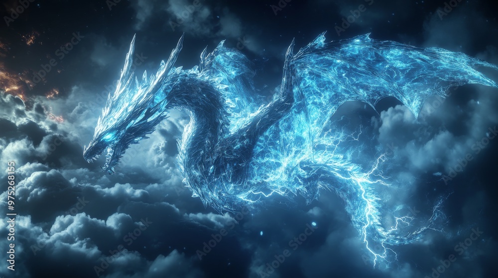 Fototapeta premium A dragon composed entirely of blue lightning-charged crystals flies through dark, stormy clouds, the neon glow radiating from its body lighting up the surroundings
