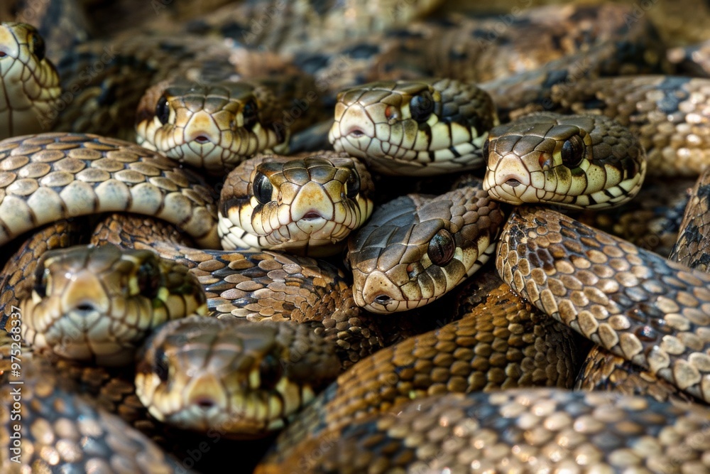 Mysterious encounter of snakes in the wild, with heads facing each other in a tangled pile during daylight hours Mysterious encounter of snakes in the wild, with heads facing each other in a tangled pile during daylight hours