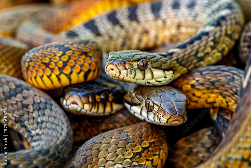 A mysterious encounter among a pile of snakes in the wild, showcasing their intricate patterns and behavior as they interact A mysterious encounter among a pile of snakes in the wild, showcasing their intricate patterns and behavior as they interact
