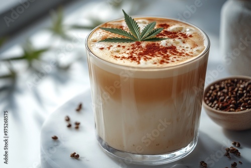 Premium Cannabis Cappuccino with Hemp Milk and Marijuana Leaf on a White Background