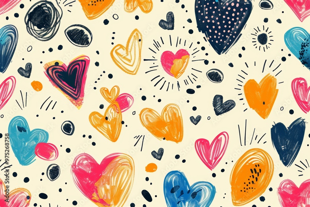 A hand drawn seamless pattern filled with colorful hearts, spots, and playful shapes, perfect for a variety of creative projects
