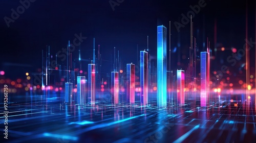 Futuristic digital visualization of data with glowing bars and vibrant colors. Ideal for technology and data analysis concepts.