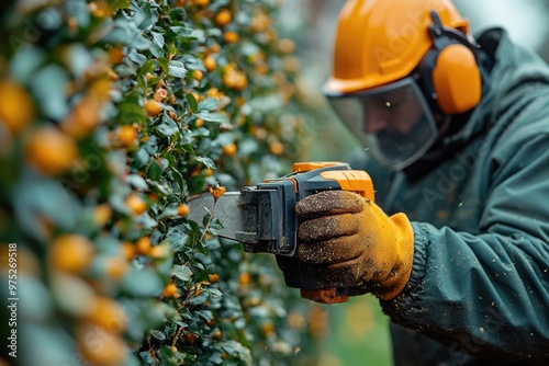 Expert Gardener Using Electric Saw for Precision Hedge Trimming and Garden Maintenance