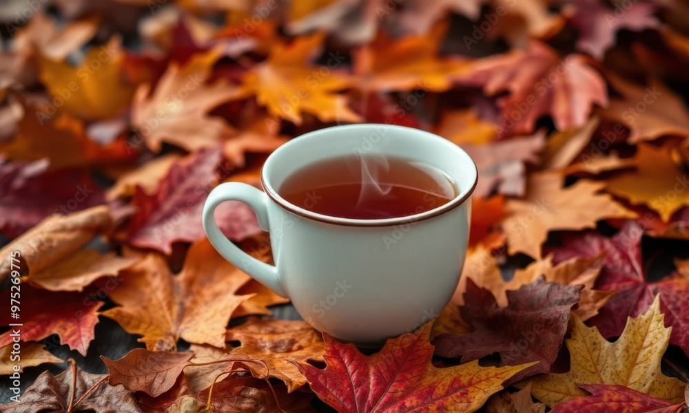 A serene composition showcasing a hot cup of tea with steam rising from it, set against a backdrop of fallen leaves in various shades of amber and crimson A serene composition showcasing a hot cup of tea with steam rising from it, set against a backdrop of fallen leaves in various shades of amber and crimson