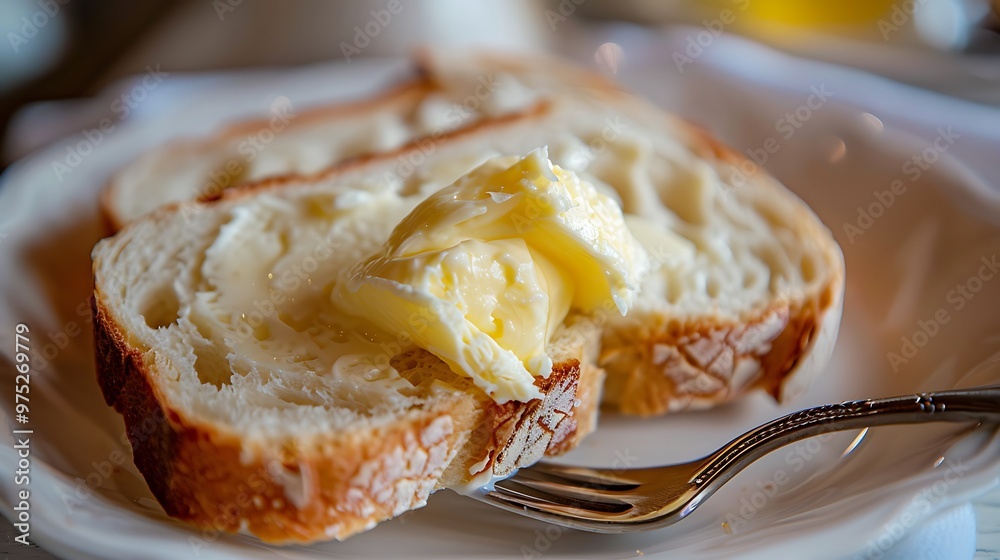Two pieces of bread with a spoonful of butter close up on a porcelain plate Two pieces of bread with a spoonful of butter close up on a porcelain plate