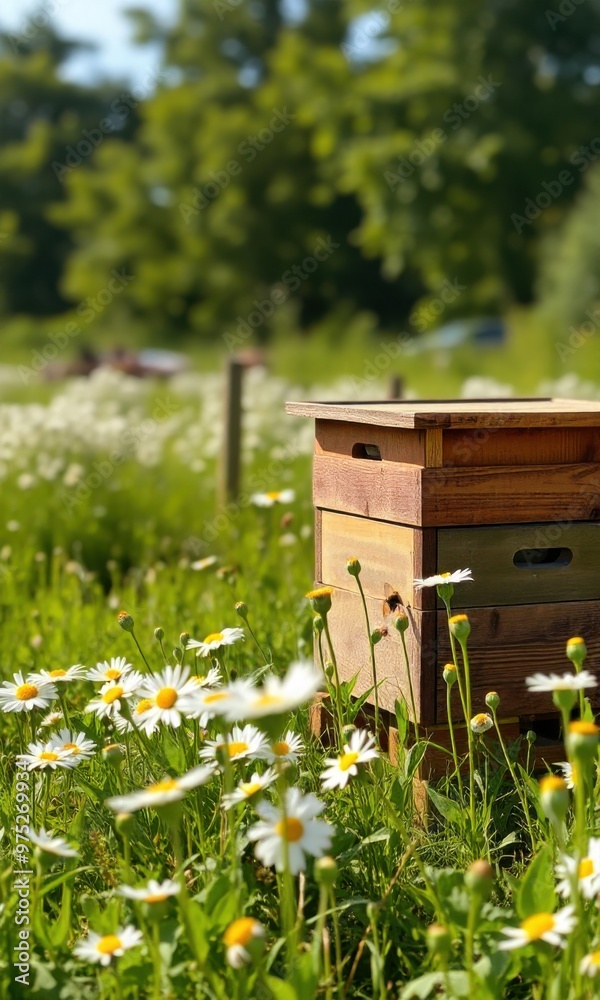 A serene summer scene with a wooden beehive surrounded by white wildflowers in a sunlit field, with trees in the soft-focus background. A serene summer scene with a wooden beehive surrounded by white wildflowers in a sunlit field, with trees in the soft-focus background.