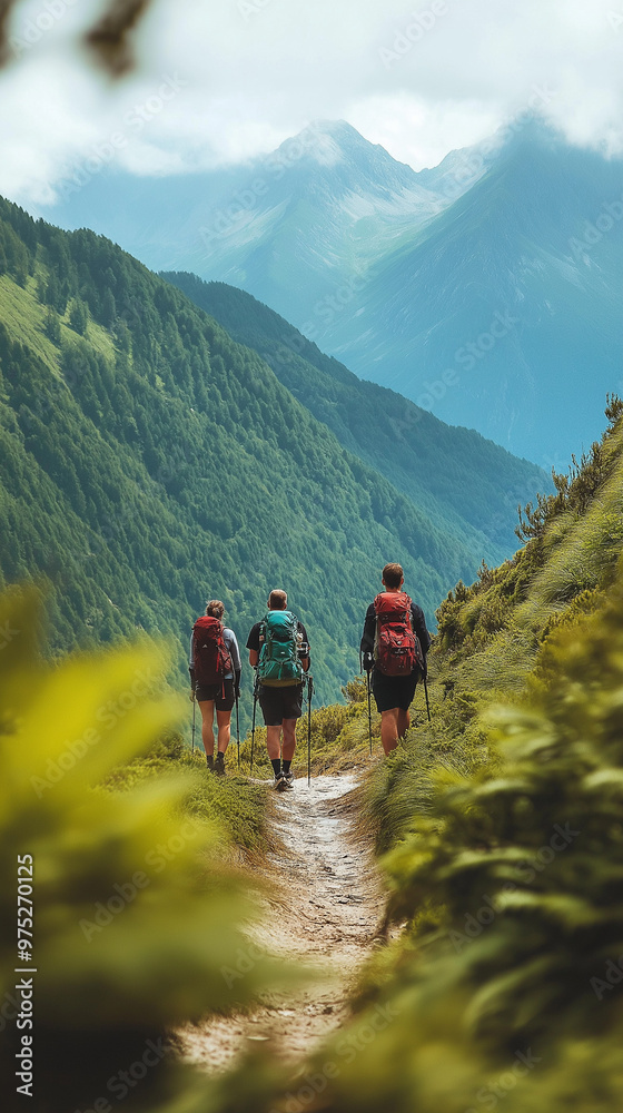 Fototapeta premium Hikers trekking on a mountain trail, surrounded by lush greenery, bright natural daylight, focus on adventure and exploration, expansive view of distant peaks and forests, active and inspiring scene