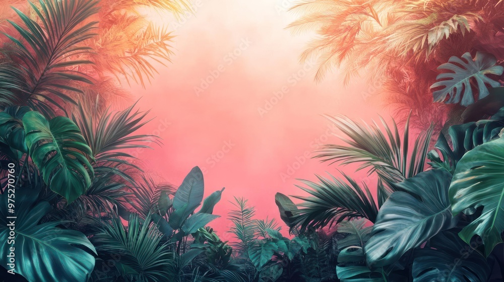 A vibrant scene of a tropical paradise where the sun rises behind palm trees,