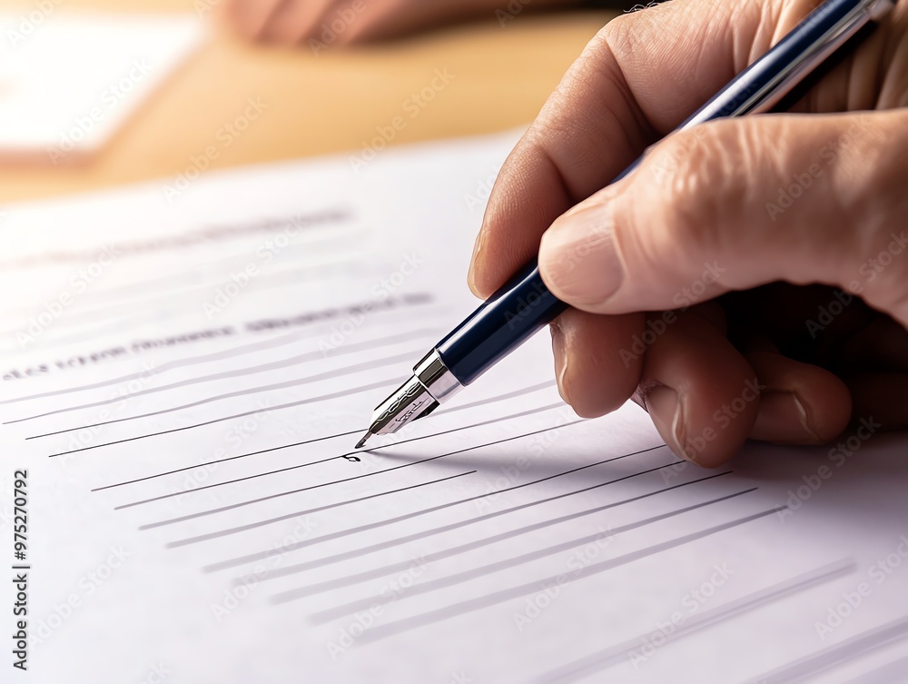 Hand lifting a pen to sign a voter registration form, registering to vote, preelection action Hand lifting a pen to sign a voter registration form, registering to vote, preelection action