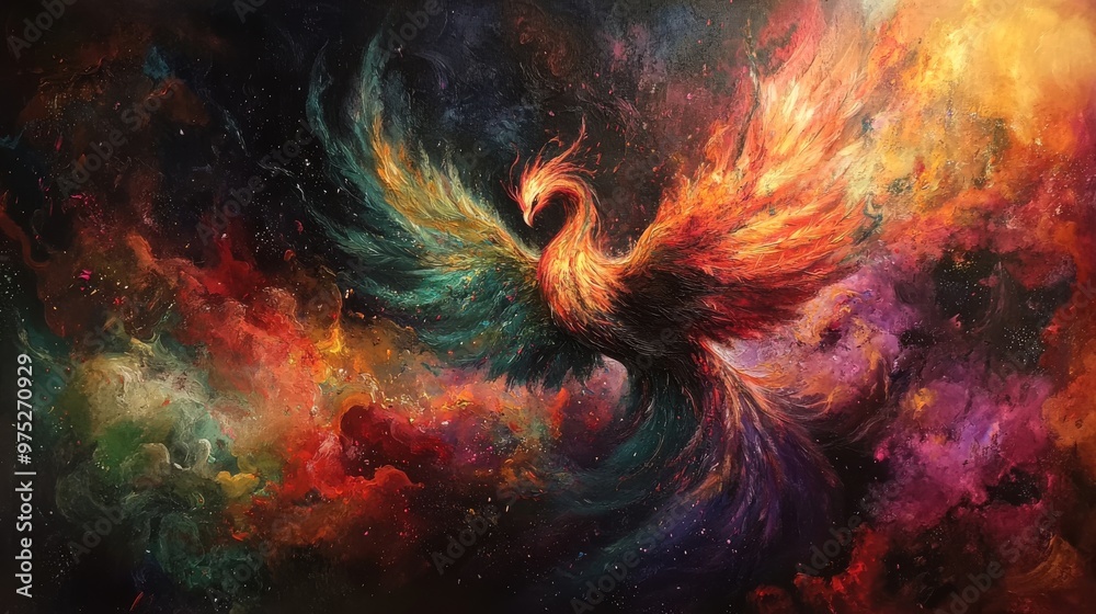 A colorful phoenix soars upwards from the ashes, its feathers glowing with an intense and vibrant fiery energy A colorful phoenix soars upwards from the ashes, its feathers glowing with an intense and vibrant fiery energy