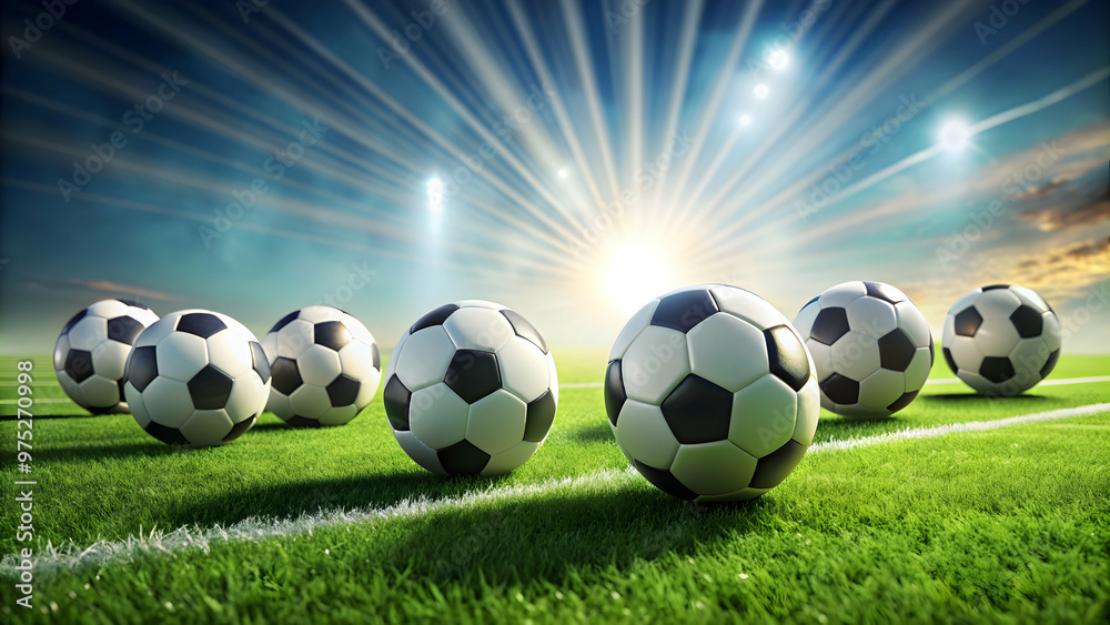 Naklejka premium Fu?b?lle auf dem gr?nen Rasen, Sport, Fu?ball, Rasen, Gras, Spiel, Stadion, Wettkampf, Team, Kugel, Freizeit, Outdoor