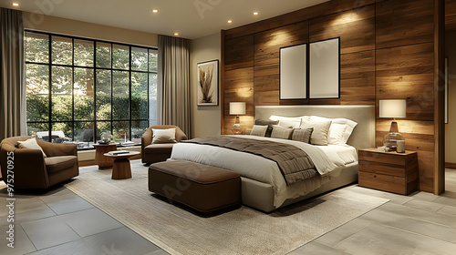 A modern bedroom with a large bed  two nightstands  a large window  a rug  and two chairs.