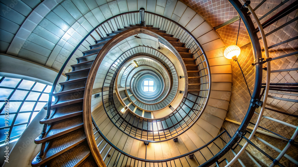 Fisheye shot of a lighthouse circular staircase, gazing up towards the light, lighthouse, staircase, circular, fisheye Fisheye shot of a lighthouse circular staircase, gazing up towards the light, lighthouse, staircase, circular, fisheye