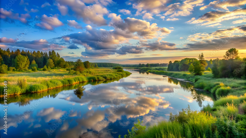 Summer landscape with river at dawn, forest in distance, clouds in blue sky in light tones, summer, landscape, river, dawn Summer landscape with river at dawn, forest in distance, clouds in blue sky in light tones, summer, landscape, river, dawn