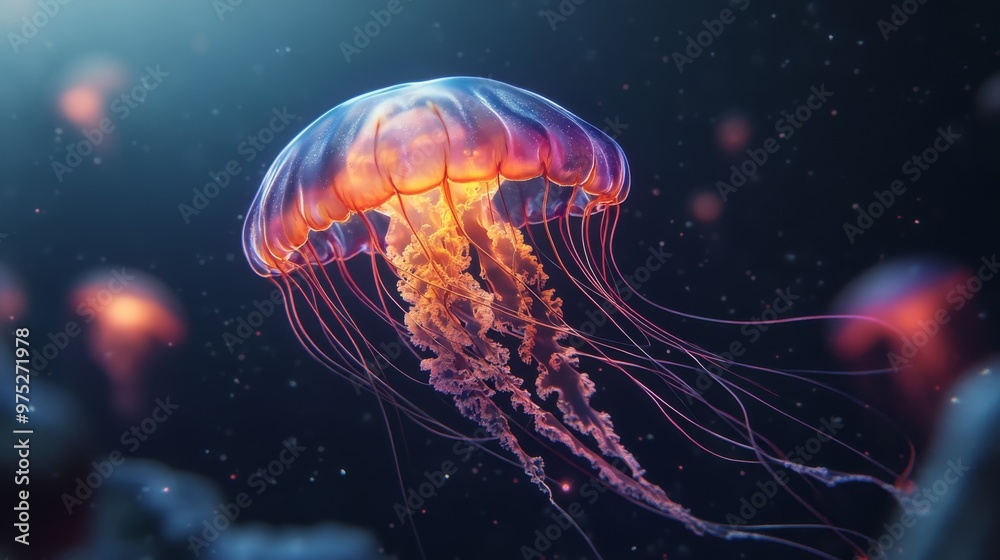 A soft glow surrounds a jellyfish drifting through the cosmic void, its tendrils reaching out to touch the distant, glittering stars A soft glow surrounds a jellyfish drifting through the cosmic void, its tendrils reaching out to touch the distant, glittering stars