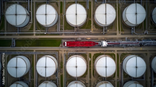 Aerial view of a large oil tanker docked at a refinery.