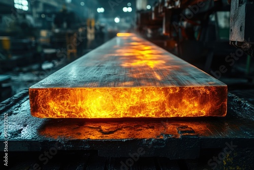 Intense Glow of Red-Hot Steel Slab in Factory: High-Temperature Processing and Industrial Machiner photo