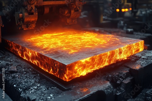 Intense Glow of Red-Hot Steel Slab in Factory: High-Temperature Processing and Industrial Machiner photo