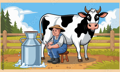 Farmer milking a cow on a farm.