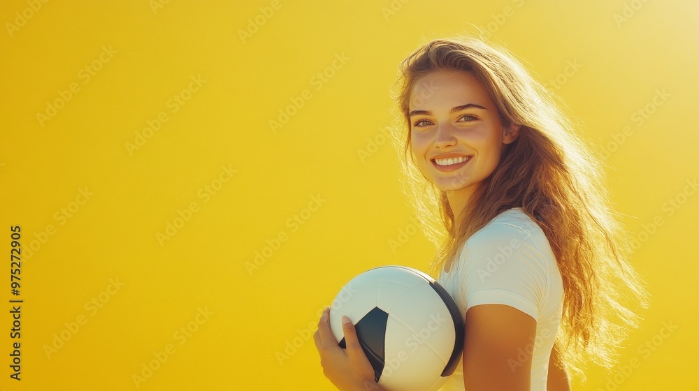 Bright and Confident Young Woman with Volleyball in Sunlight Against Yellow Background Bright and Confident Young Woman with Volleyball in Sunlight Against Yellow Background