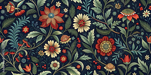Intricate vintage floral pattern with dark blue, red, and green leaves and flowers on a dark background, vintage, intricate
