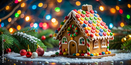 Christmas gingerbread house decorated with colorful candies, festive, holiday, sweet, dessert, traditional, homemade, tasty