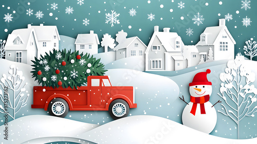 Wallpaper Mural Paper-cut scene of a red vintage truck with a decorated Christmas tree driving through a snowy village with a snowman and falling snowflakes Torontodigital.ca